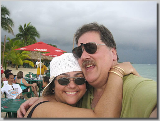Ruthie and Dennis on Mister Sanchez Beach on the Island of Cozumel, Mexico. This was minutes before a storm broke out and forced us inside to eat some good Mexican food and get a 1/2 hour message next to the beach!
